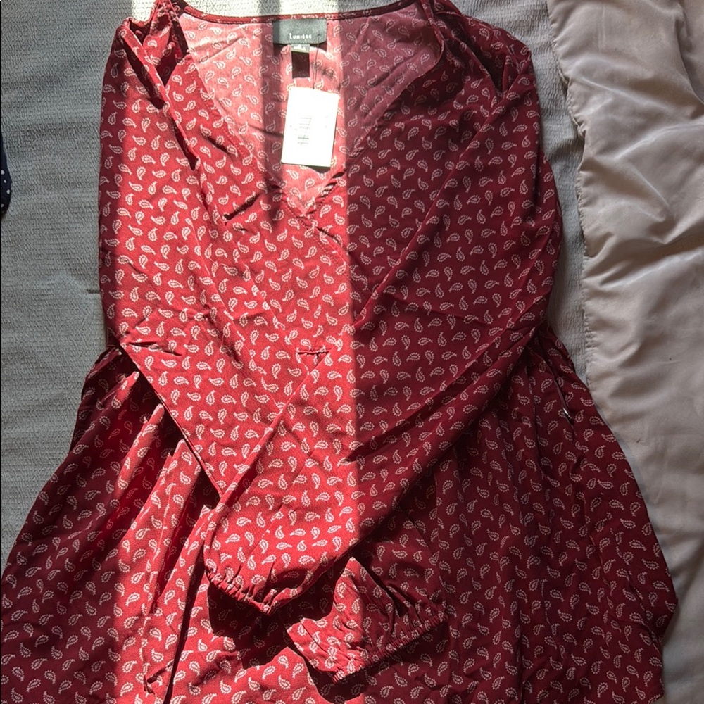 Lumiere Red Long Sleeve V-Neck Blouse